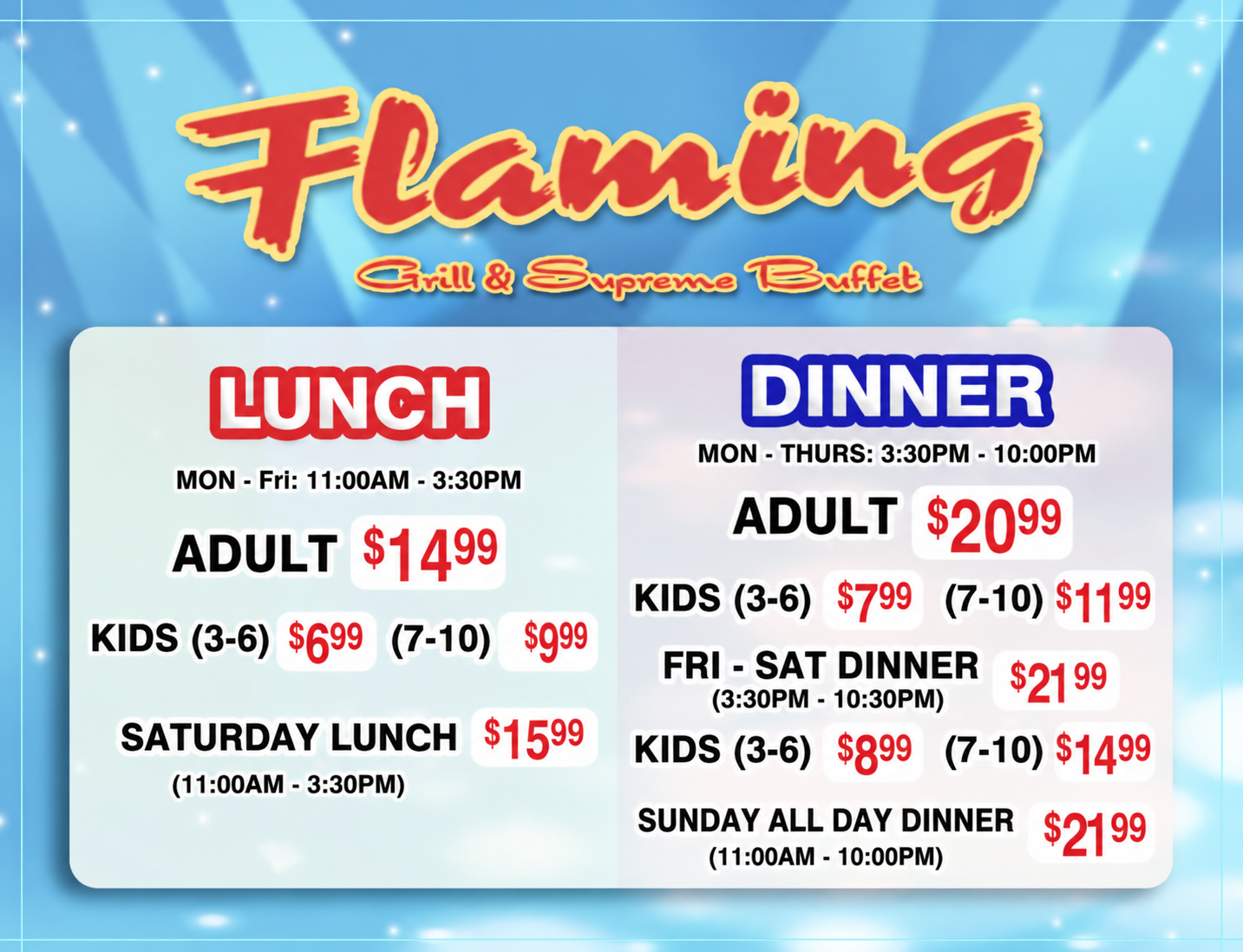 Flaming Grill lunch and dinner buffet prices for adults and children